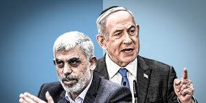 Hamas leader Hamas Yahya Sinwar and Israel PM Benjamin Netanyahu.