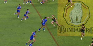 Sua Fa’alogo touches down against the Kangaroos for what would have been a fabulous try.