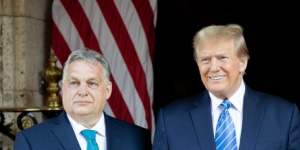 Hungary’s Viktor Orban and ex-US president Donald Trump at Mar-a-Lago this month.