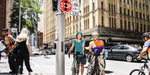 End of the line:the King Street cycleway abruptly ends at Clarence Street,where bike riders are forced onto the road.