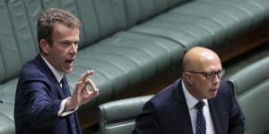 Opposition spokesman for immigration and citizenship Dan Tehan and Opposition Leader Peter Dutton in parliament on Thursday.