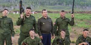 Boikov and Russian general Sergey Bobrov pose with a group described by Boikov as “Cossacks from Australia at a Spetsnaz training facility in Russia”. 