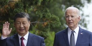 China’s President Xi Jinping and US President Joe Biden walk in the gardens at the Filoli Estate in California on the sidelines of APEC earlier this month.