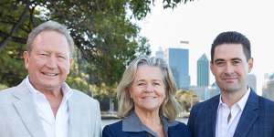 Andrew and Nicola Forrest with Minderoo boss John Hartman on the banks of the Swan River in Perth last June.