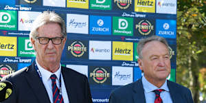 Melbourne president Steven Smith and interim CEO Brian Cook speak to the media on Wednesday,the day after Paul Guerra’s departure. 