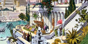 The Hanging Gardens of Babylon. A hand-coloured engraving probably from the 19th century after the first excavations in the Assyrian capital. It is believed the gardens did not hang,but grew on the roofs and terraces of the royal palace.