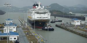 The Disney Wonder cruise ship sails toward the Cocoli Locks,part of the new Panama Canal expansion bankrolled by China. 