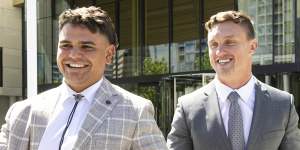 Latrell Mitchell and Jack Wighton outside the ACT Magistrates Court in November.