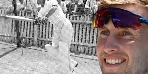 Joe Root (etched) with Sir Donald Bradman.