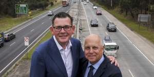 Then-premier Daniel Andrews and Pallas make an announcement regarding the North East Link in Greensborough in 2018.