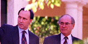 Paul Keating shows the prime minister-elect John Howard around The Lodge in Canberra,1996.