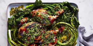 Barbecued chicken with charred greens and chimichurri.