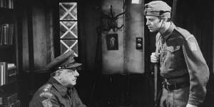 Actors Arthur Lowe (left) and Lavender in a scene from episode ‘Getting the Bird’ of the television sitcom ‘Dad’s Army’ in 1972. 