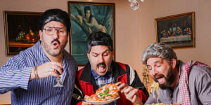 The Sooshi Mango trio in their Italian restaurant Johnny,Vince&Sam’s in Lygon Street.