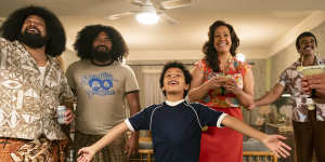 Ten-year-old Dwayne Johnson (Adrian Groulx) with the Wild Samoans (John Tui and Fasi Amosa,mother Ata (Stacey Leilua) and father Rocky (Joseph Lee Anderson) in Young Rock.