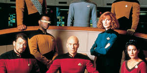 The way they were ... the cast of Star Trek:The Next Generation. Back:Worf (Michael Dorn),Wesley (Wil Wheaton),Data (Brent Spiner). Front:Riker (Jonathan Frakes),LaForge (LeVar Burton),Picard (Patrick Stewart),Dr Crusher (Gates McFadden and Counselor Troi (Marina Sirtis).