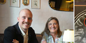 Angus Thomson with his surgeon Kate Drummond plus a scan of his brain.
