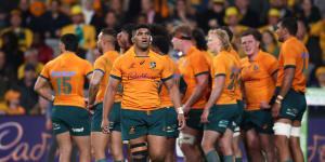 The Wallabies during their loss to Argentina at CommBank Stadium on Saturday.