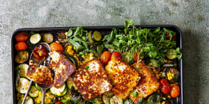 Summer veg and halloumi one-tray wonder. KatrinaÃÂ Meynink's summer traybake recipes for Good Food February 2022. One-tray wonders. Please credit KatrinaÃÂ Meynink. Good Food use only.