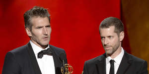 David Benioff,left,and Dan Weiss collect an Emmy for Game of Thrones in 2015.