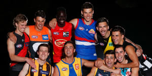 Some of last year’s first-round draftees (from top left):Ben Hobbs of the Bombers,Finn Callaghan of the Giants,Mac Andrew of the Suns,Sam Darcy of the Bulldogs,Josh Gibcus of the Tigers,Nick Daicos of the Magpies,(bottom L-R) Josh Ward of the Hawks,Campbell Chesser of the Eagles,Josh Rachele of the Crows and Josh Sinn of the Power.