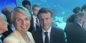 French President Emmanuel Macron singles out Environment Minister Tanya Plibersek at an event at the UN Oceans Conference underway in Lisbon,Portugal.