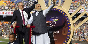 Anthony Albanese and Narendra Modi at Narendra Modi Stadium in Ahmedabad in March.