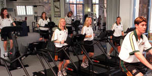 Alicia Ferguson training at the Hyatt Gym in the back row with her Matildas teammates in 1999. 