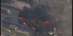 Trucks on fire in Victoria Street,Wetherill Park,in Sydney’s west after an accident.