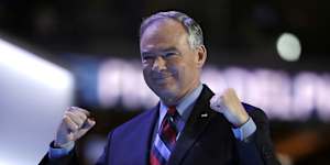 Democratic vice presidential candidate,Sen. Tim Kaine,D-Va.,takes the stage during the third day session of the Democratic National Convention in Philadelphia,Wednesday,July 27,2016. (AP Photo/Matt Rourke)