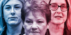 From left:Jess Wilson,Pauline Hanson and Jacinta Allan. One Nation is gaining as the major parties lose ground ahead of the Victorian election.