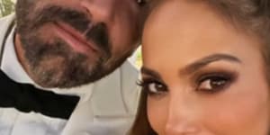 Jennifer Lopez,right,announced on her website that she and Ben Affleck got married in Las Vegas on July 16;she in “an old dress” from a movie,and he in a jacket from his closet. 