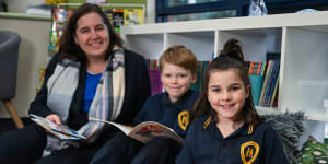 Bentleigh West Primary School Principal Sarah Asome and grade 2 students (left to right) Oliver Cowen and Essie Barker.