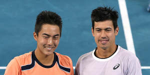 Rinky Hijikata and Jason Kubler of Australia with the men’s doubles trophy at last year’s Australian Open.