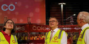 Anthony Albanese with Coles chairman James Gordon and Coles CEO Leah Weckert in August. The Prime Minister’s views on supermarkets has changed sharply since then.