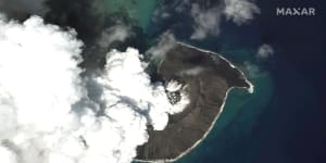 A satellite image of the Hunga Tonga Hunga Ha’apai volcano in Tonga on Dec. 24,2021.