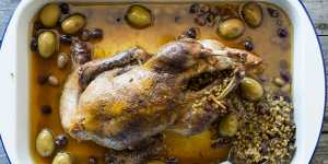 Freekah-stuffed roast duck.