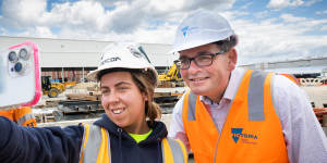 Premier Daniel Andrews at the construction site of Arden train station on Saturday.