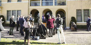 Prime Minister Scott Morrison holding a media conference outside The Lodge in Canberra,where he is currently hosting Treasurer Josh Frydenberg.