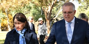 Prime Minister Scott Morrison with NSW Premier Gladys Berejiklian in Sydney on Monday.