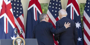 Prime Minister Anthony Albanese and President of the United States Joe Biden depart after addressing the media at a press conference on Wednesday.