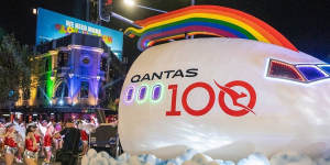 The Qantas float on Oxford Street during the 2020 Mardi Gras parade.