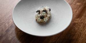 Smoked eel cream,young almonds and oscietra caviar at Quay in Sydney.