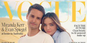 Snapchat co-founder Evan Spiegel wearing a Louis Vuitton T-shirt and his own jeans with wife Miranda Kerr in Fendi on the cover of Vogue Australia’s August issue.
