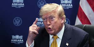 US President Donald Trump speaks at the NATO summit in Turkey.