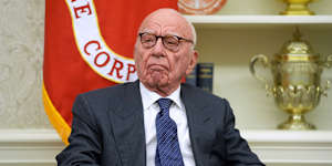 Rupert Murdoch attends an event in the Oval Office early in Donald Trump’s second term as president.