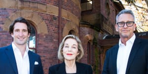 City of Sydney councillor Lyndon Gannon,Ita Buttrose and Greg Fisher outside the former Darlinghurst police station in May.