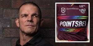 Ian Roberts and (inset) the Manly inclusivity jersey from last year. 