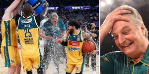 Tasmania JackJumpers coach Scott Roth gets an impromptu ice shower from his players after the NBL title win.