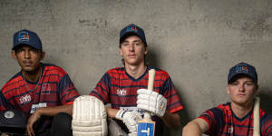 SPORT:18-year-olds,from left,Neel Kanbargimath,Isaac Earl,Rory Grieve,who had managed to pay their own way for a cricket trip to Barbados,and lost the money when it was cancelled. For an investigation story into a dodgy travel agent. May 28th,2024. Photo:Wolter Peeters,The Sydney Morning Herald.